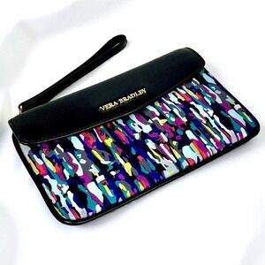 VERA BRADLEY Envelope Wristlet Clutch Watercolor Brushstroke Black Leather Trim